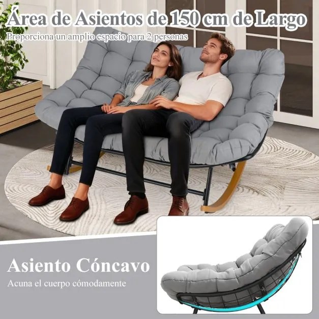 Cadeira de baloiço Jardim para 2 pessoas de metal para exterior de 320 kg com almofada grossa tipo ovo cinza