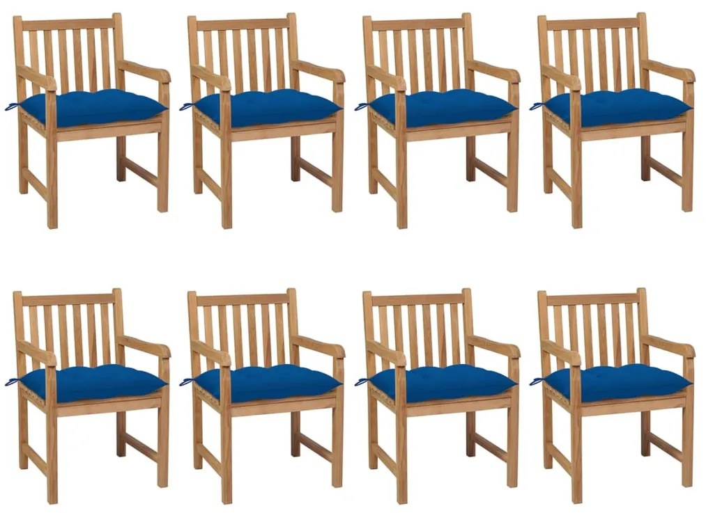 vidaXL Cadeiras de jardim c/ almofadões azul 8 pcs teca maciça