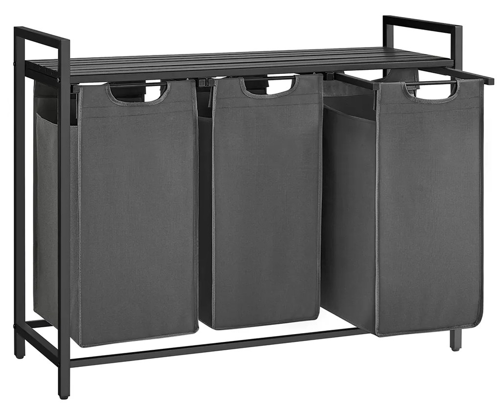 Cesto para roupa suja 3 x 38 L com 1 prateleira preto-cinzento