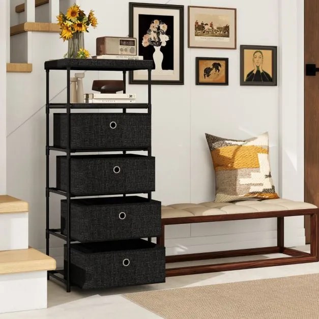 Cómoda com gavetas de tecido com superfície de madeira e estrutura metálica preto - 4 gavetas