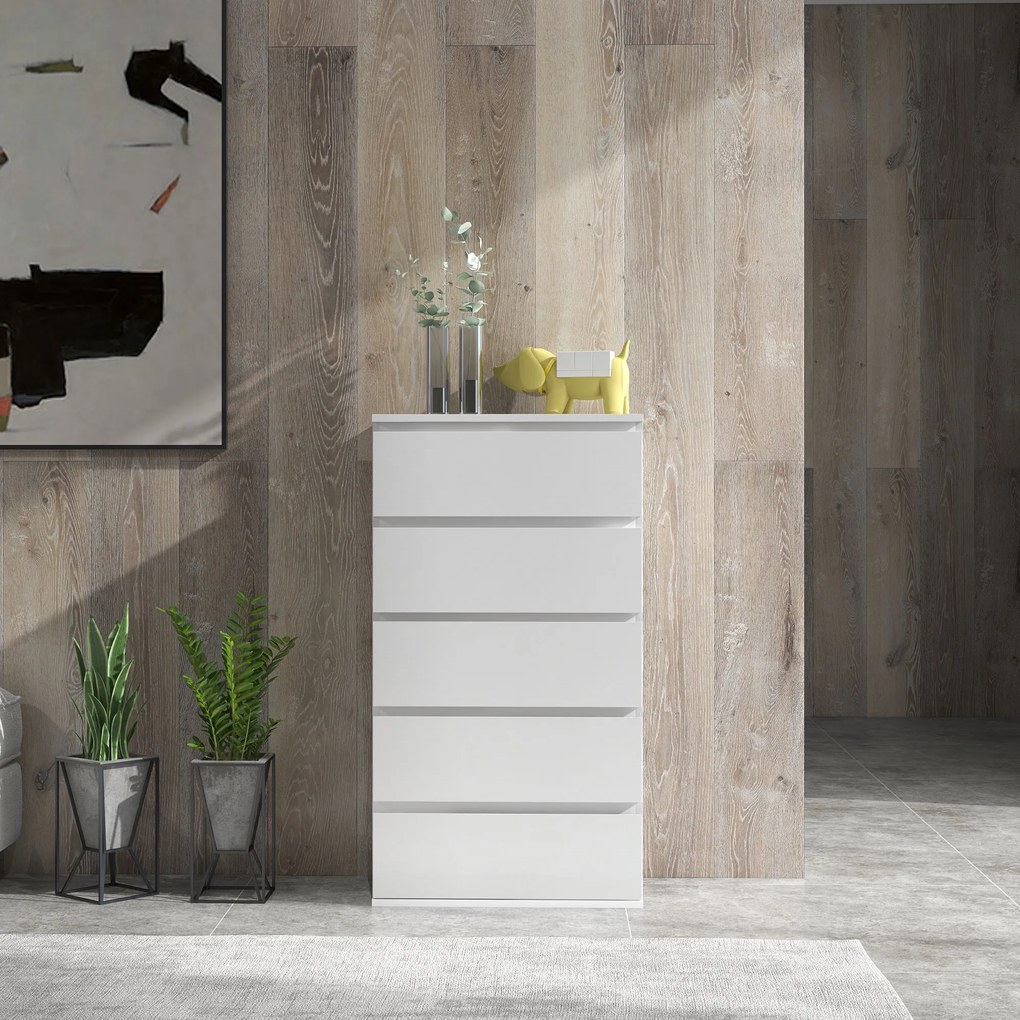 HOMCOM Cómoda com 5 Gavetas de Madeira Cómoda de Dormitório Cómoda Branca para Sala de Estar Estilo Moderno 53x33x100 cm Branco