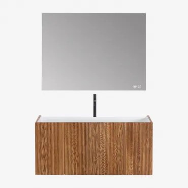 Conjunto De Móvel De Casa De Banho Em Madeira Com Lavatório Integrado Fiore Castanho Fresno & Retangular Led E Anti-embaciamento 120x90 Cm - Sklum