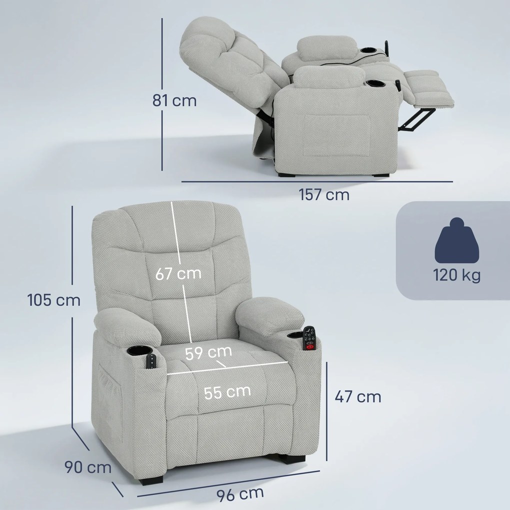 Poltrona Relax Elétrica Reclinável com Calor Lombar Massagem Vibratória Motor Silencioso Função Memória USB Cinza
