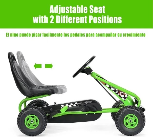 Kart infantil a pedais com 4 rodas, assento ajustável, travão de mão e rodas antiderrapantes para uso exterior, meninos e meninas, verde