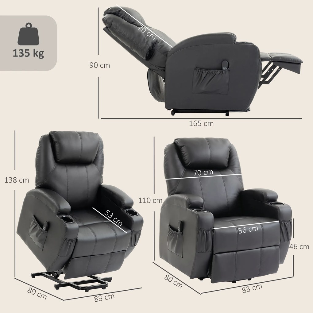 Poltrona elevatória elétrica 83 x 95 x 107 cm, poltrona relax elétrica, apoio para os pés, encosto reclinável, porta USB, preta