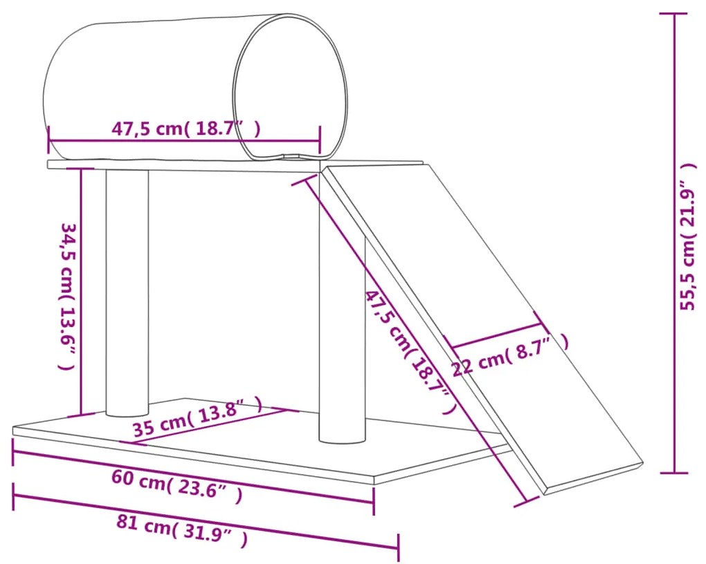 Postes arranhadores p/ gatos c/ túnel e escada 55,5 cm creme