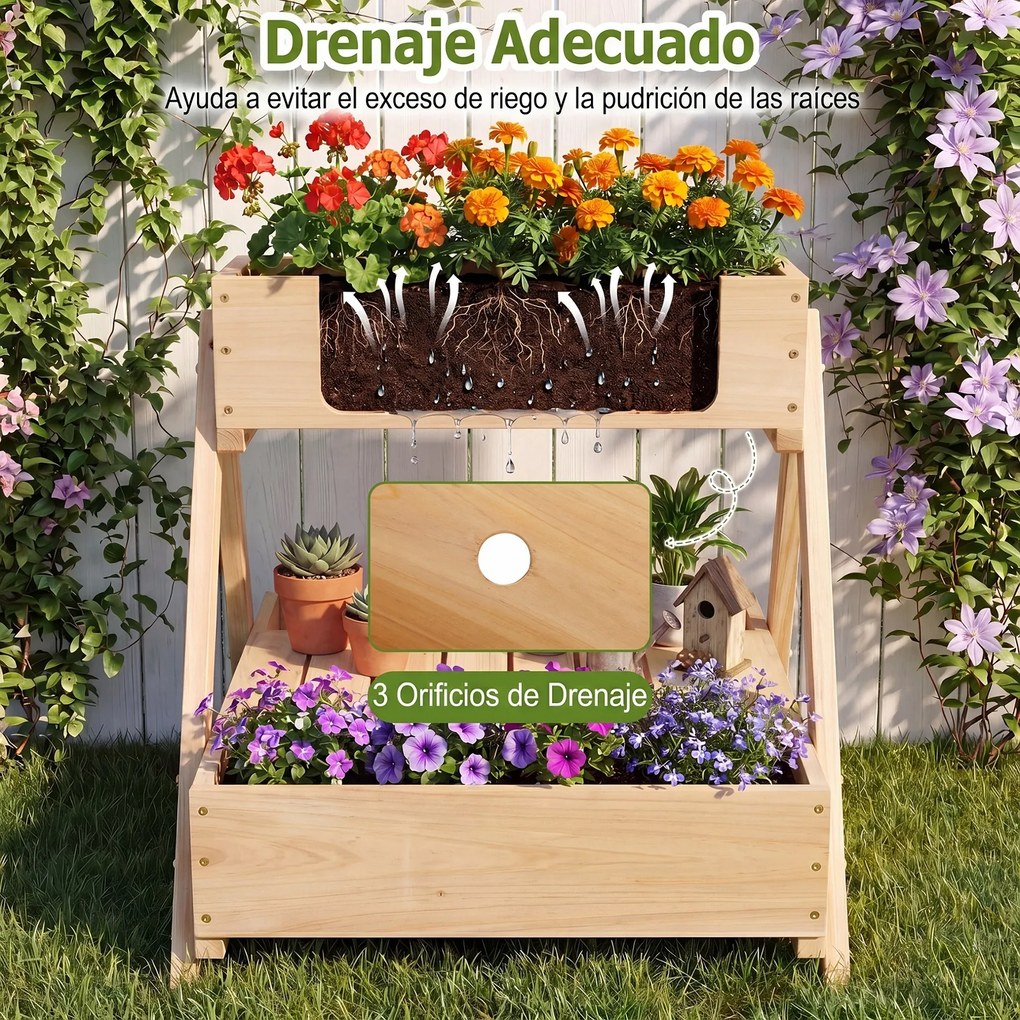 Floreira vertical em madeira de abeto 66 x 58 x 60 cm com 3 vasos e estante de arrumação aberta, com orifícios de drenagem, para jardim ou pátio, natu