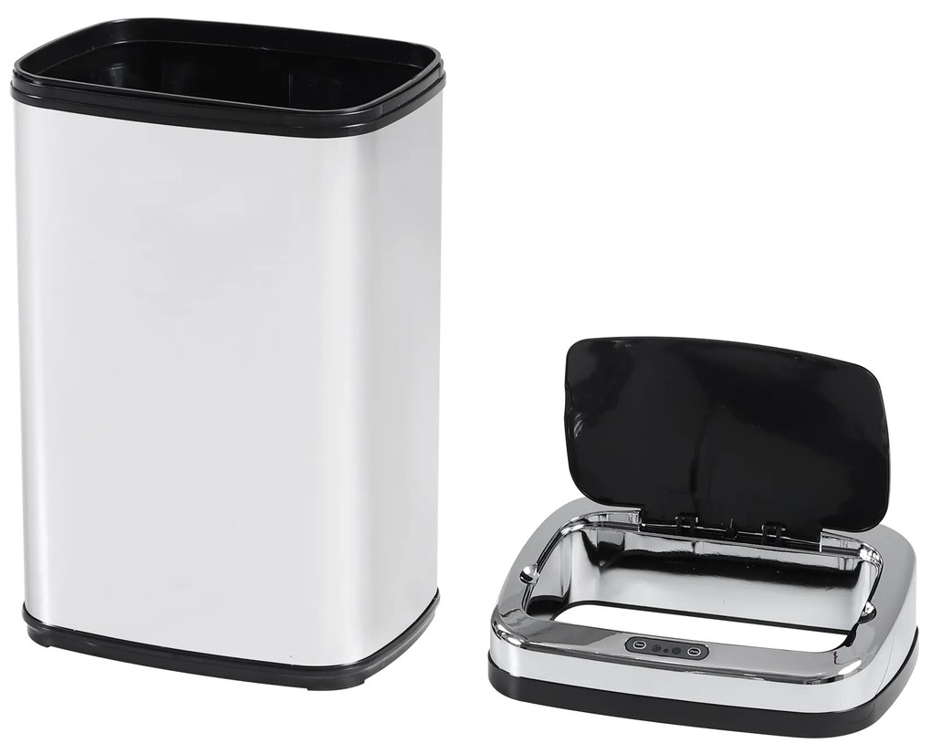 HOMCOM Balde de Lixo Inteligente de Aço Inoxidável 50L com Sensor Infravermelho de Abertura Automática para Cozinha Dormitório Casa de Banho 33x25x84 cm Prata e Preto