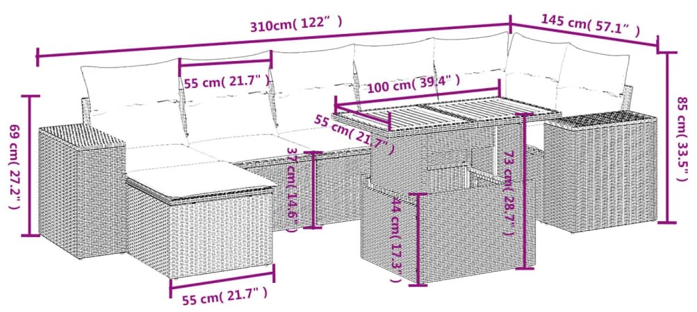 8 pcs conjunto de sofás p/ jardim com almofadões vime PE bege