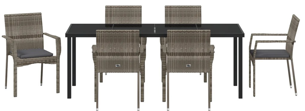 Conjunto de Jantar de Jardim de 7 Peças com Almofadas Cinza Polirattan