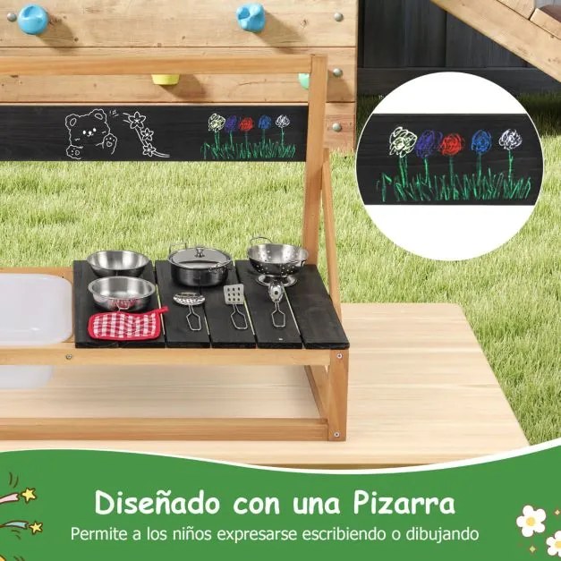 Cozinha de brincar para parede/balcão Cozinha de brinquedo em madeira de abeto com ganchos e lava-loiça de ardósia Acessórios de exterior para criança