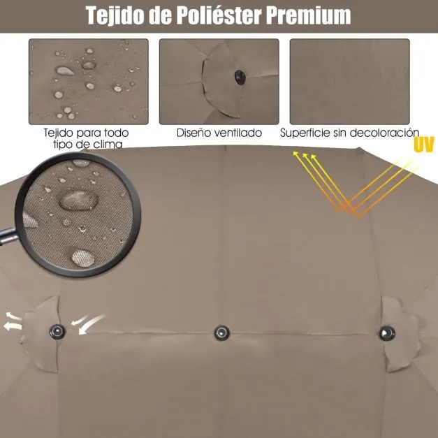 Guarda-sol duplo jardim 4,6 x 2,7 m com manivela e Base areia Estrutura com 12 varetas para jardim Café