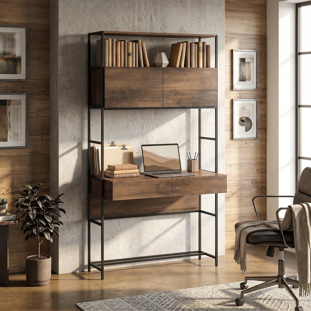 Secretária de computador com 2 gavetas, 100 x 45 x 185 cm, secretária com espaço de arrumação, 2 portas e prateleiras abertas, castanho