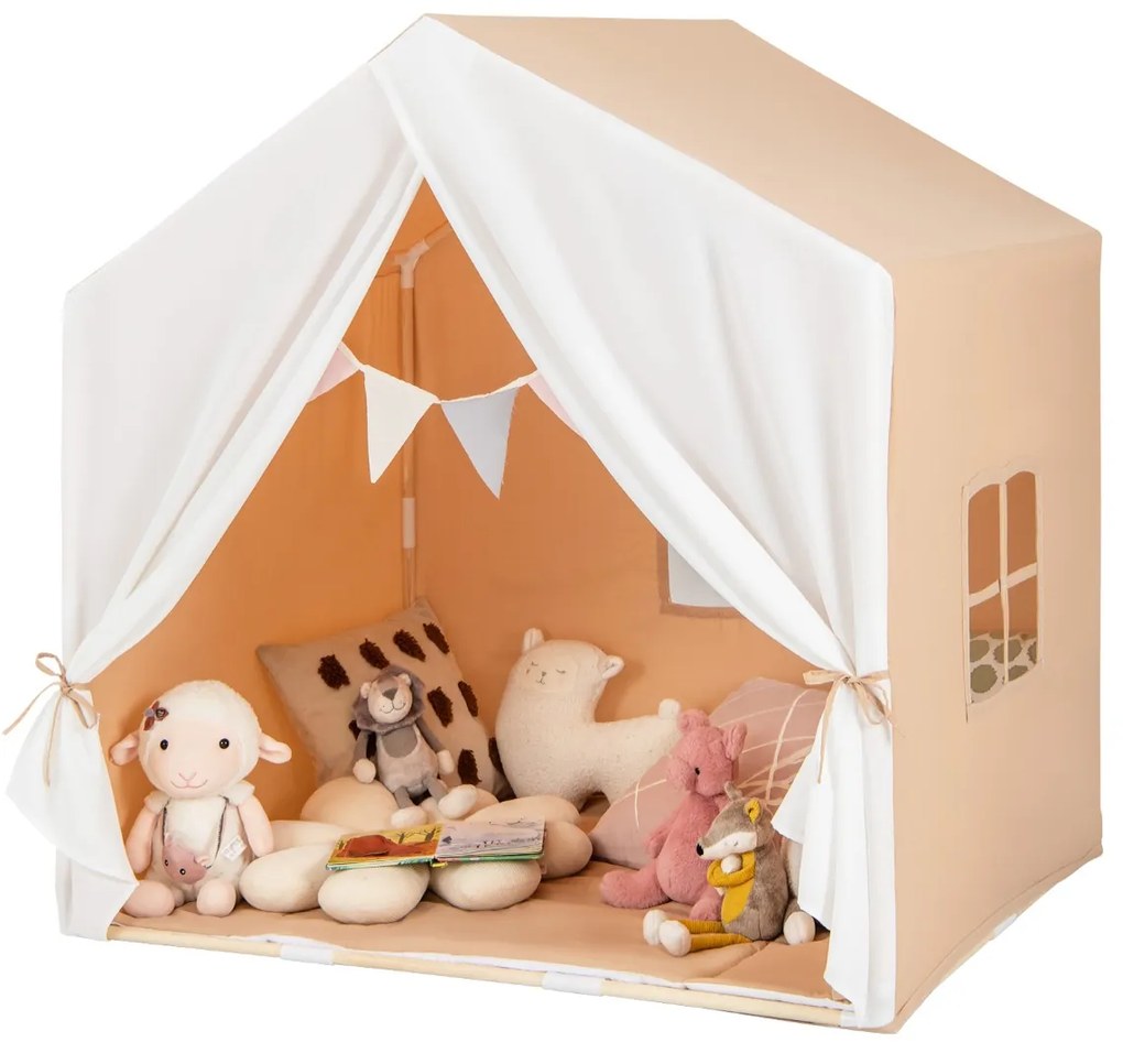 Tenda Infantil com Tapete Lavável e Janelas Estrutura em Madeira Maciça 131 x 91 x 131 cm Castanho Claro