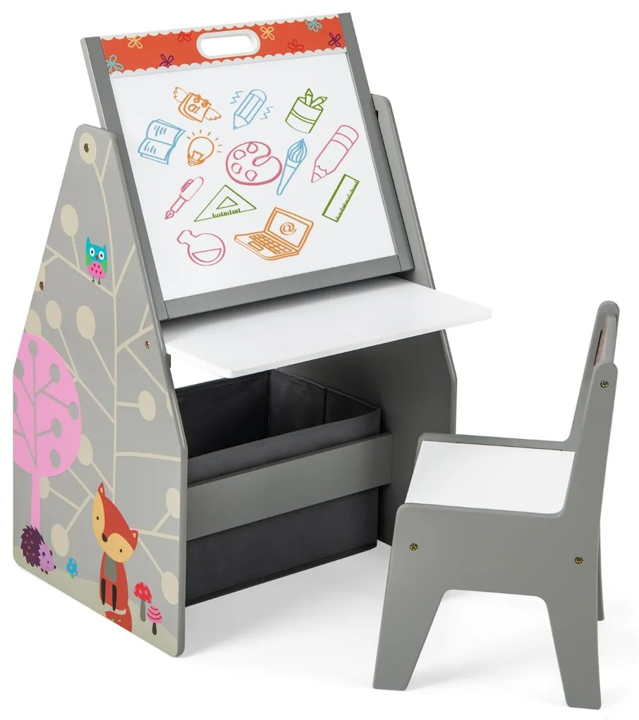 Conjunto de mesa e cadeira para crianças com 2 caixas de tecido removíveis, quadros magnéticos e quadro branco para brincar e desenhar Cinzento