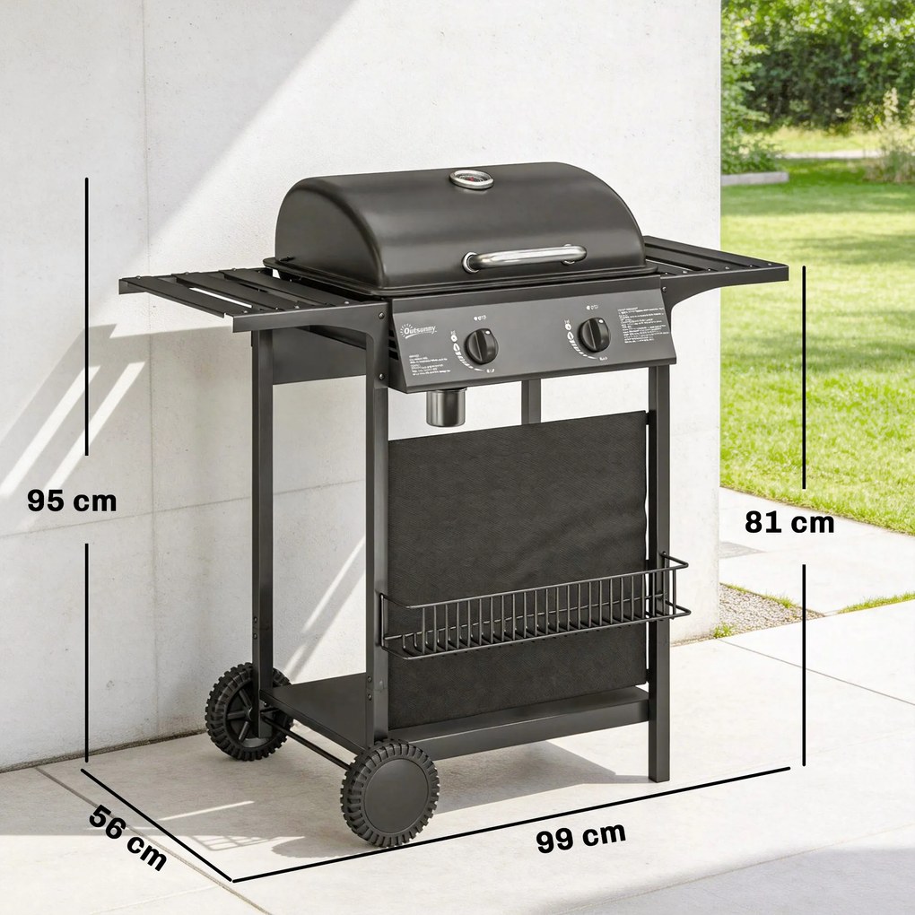 Grelhador a Gás BBQ com 2 Queimadores de 5 kW Termómetro Mesas Laterais Prateleira Grelha de Aquecimento 2 Rodas Preto