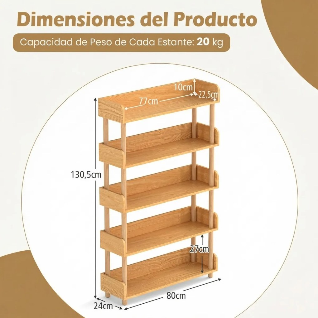 Estante de madeira 80 x 24 x 130,5 cm com 5 níveis, postes em pinho, corrimões altos, prateleiras abertas, para livros e plantas, para sala de estar o