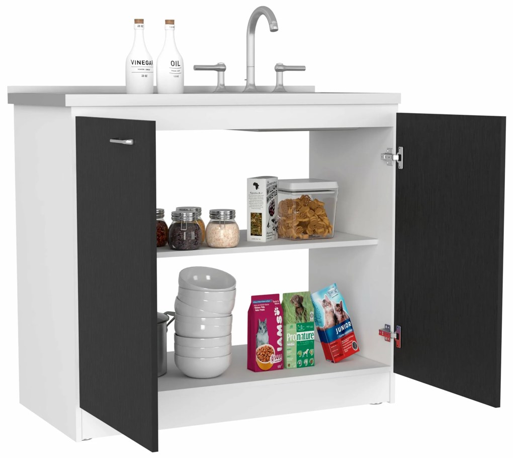 Móvel de cozinha com lava-louças e bancada de alumínio e prateleiras internas, 90cm a x 52,5 cm p x 100cm L, branco/preto