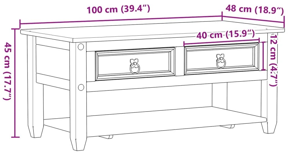 Mesa de centro com gavetas Corona 100x48x45 cm pinho maciço