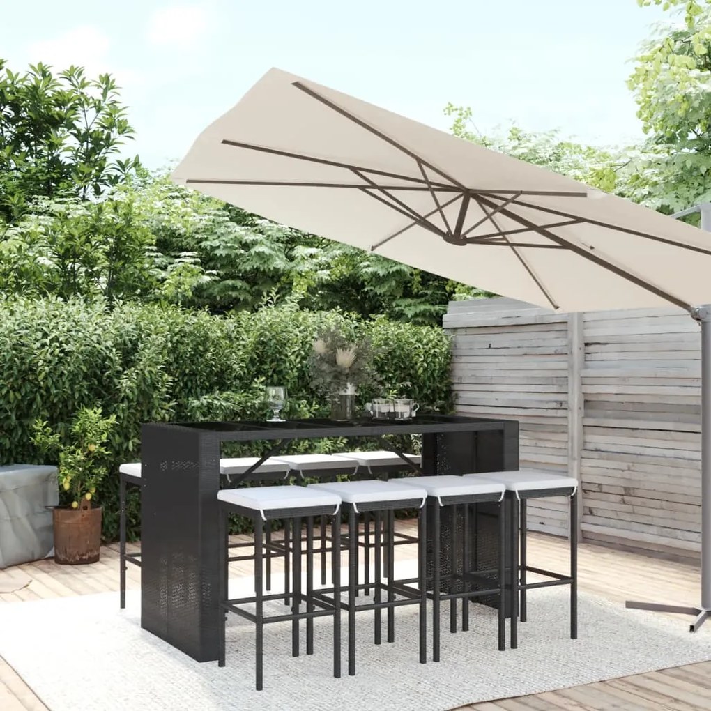 vidaXL 9 pcs conjunto de bar para jardim c/ almofadões vime PE preto