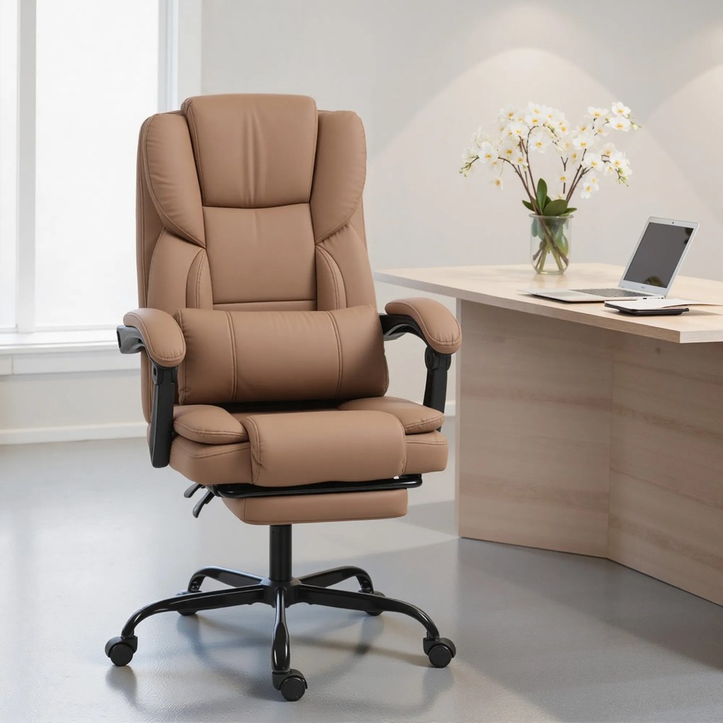 Cadeira de escritório ergonómica, cadeira de escritório com encosto reclinável, altura ajustável, 65 x 67 x 111–119 cm, castanho