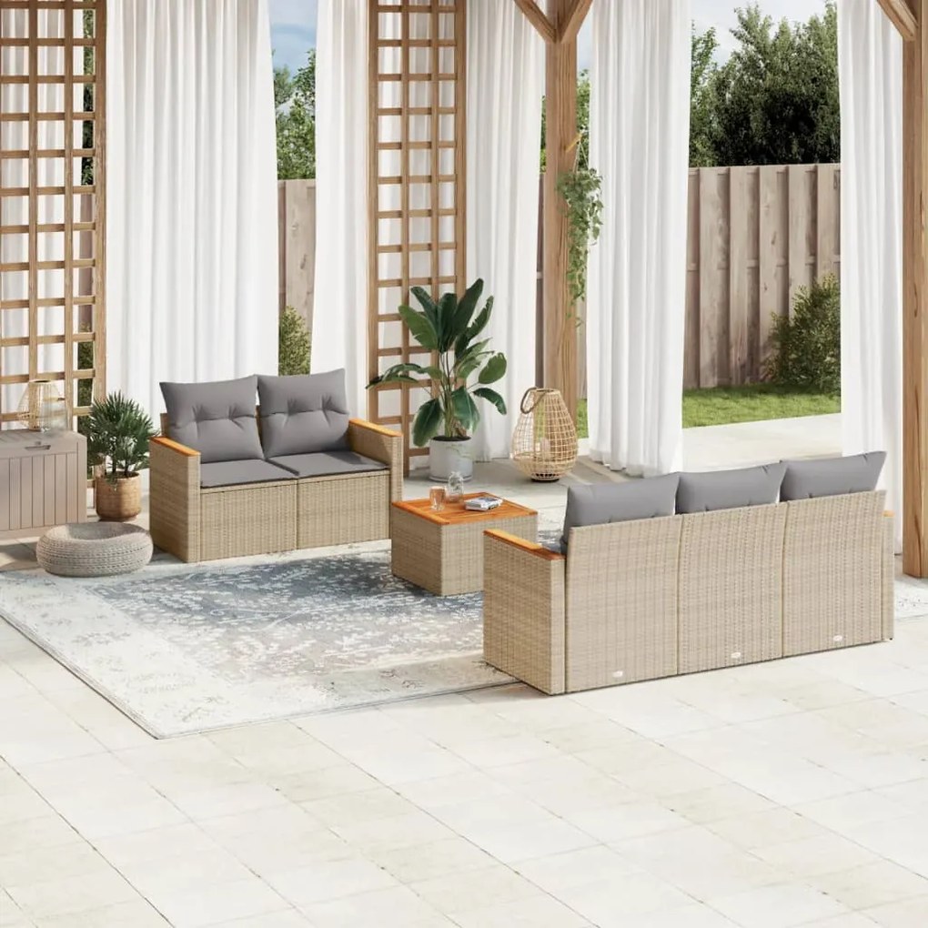 6 pcs conj. sofás jardim c/ almofadões vime PE bege misturado