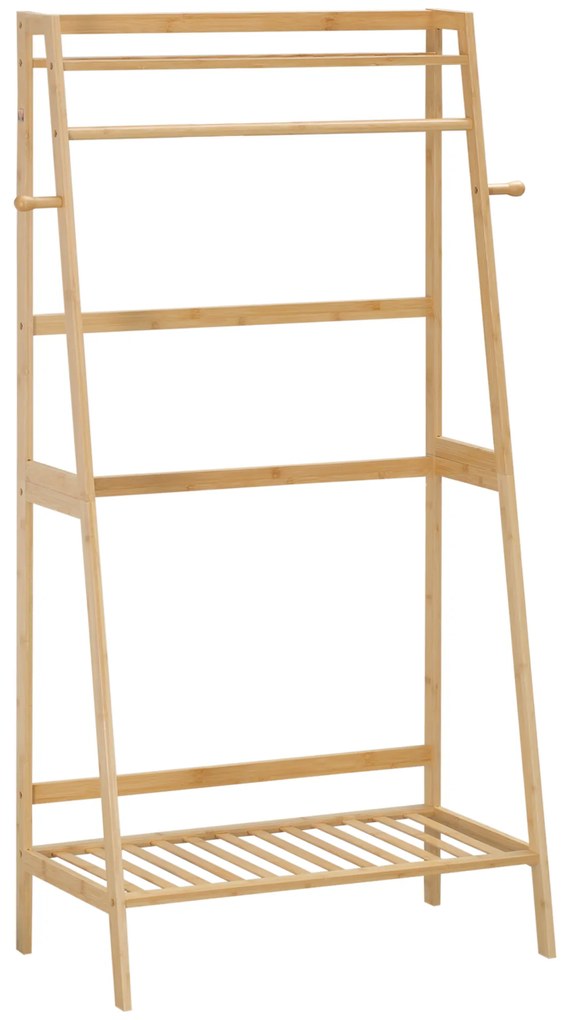 Suporte para Cabides de Bambu com 2 Prateleiras Abertas Barra e Ganchos Laterais para Roupa Bolsas 82x36,8x140cm Madeira