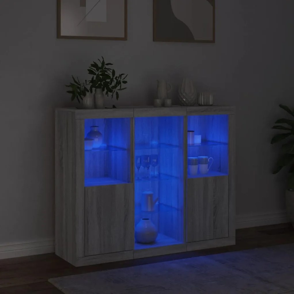 Aparadores c/ LEDs 3 pcs derivados de madeira cinzento sonoma