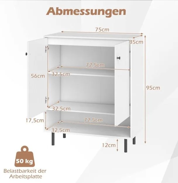 Aparador de madeira 75 x 35 x 95 cm com prateleiras ajustáveis e 2 portas, vitrine, armário buffet, armário de cozinha, branco
