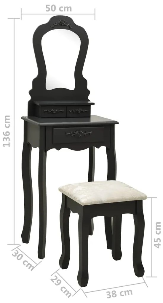 Conj. toucador com banco 50x59x136 cm madeira paulownia preto