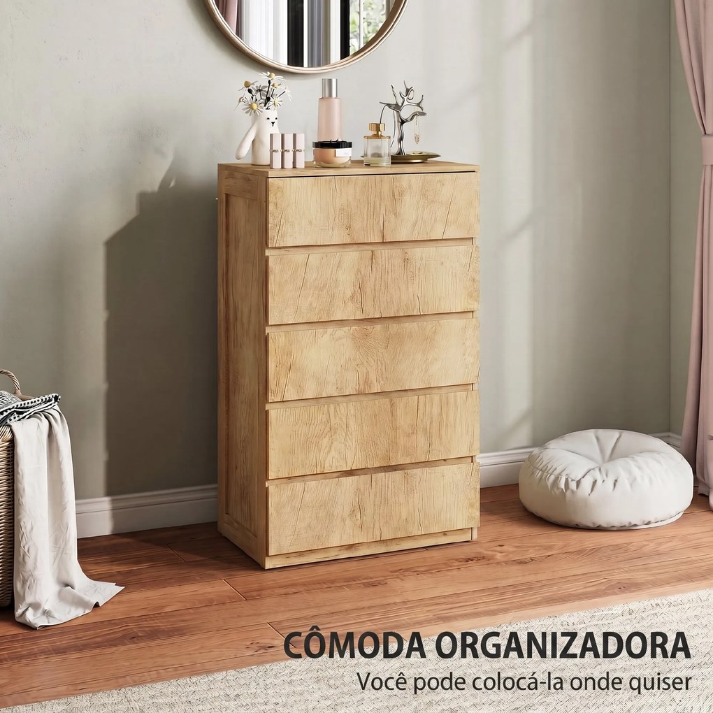 Cómoda de 5 Gavetas para Quarto Moderna Design sem Puxadores para Sala de Jantar Entrada 60x39x100 cm Madeira Natural