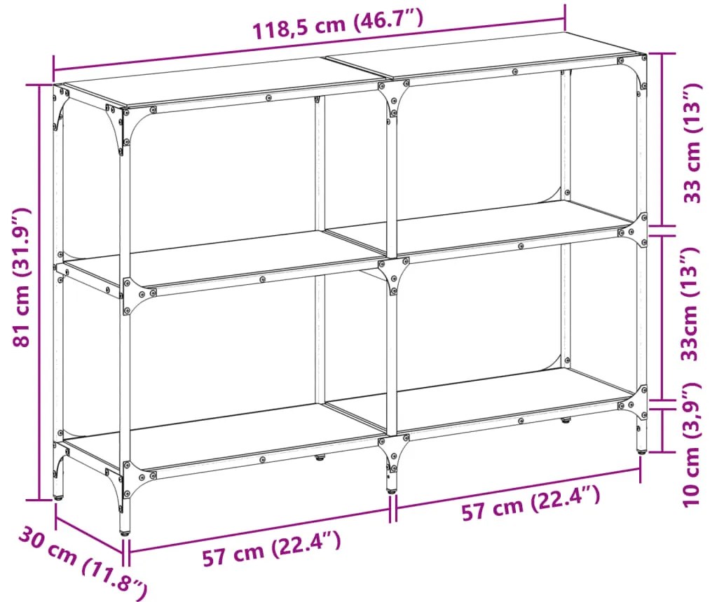 Mesa consola com tampo em vidro preto 118,5x30x81 cm aço