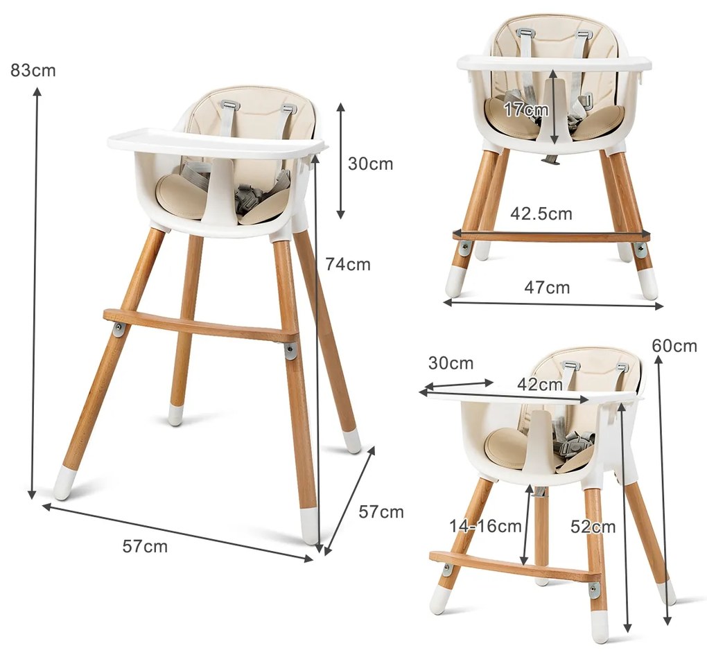 Cadeira Alta para Bebés Cadeira Alta Multifuncional Convertível com Bandeja Removível Almofada de 5 Pontos Altura Almofada Ajustável para Bebés 6-36 M