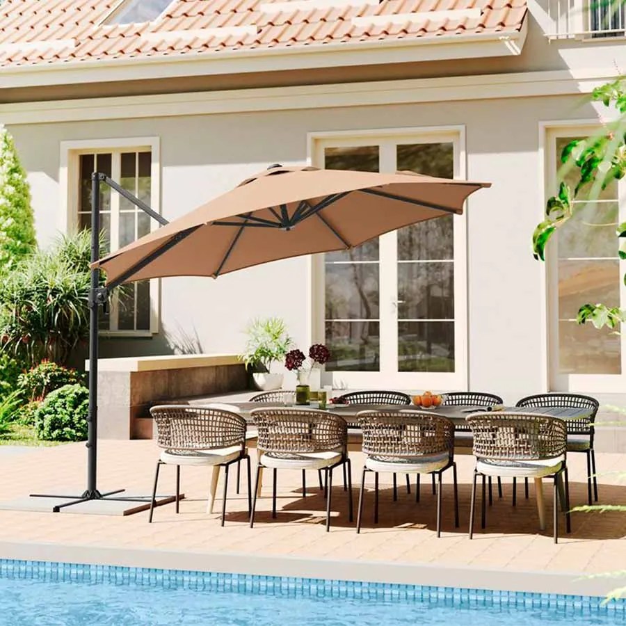 Guarda-sol jardim Ø 300 cm (PESOS NAO INCLUIDOS) UPF 50+ com manivela e base em cruz , cor castanho camelo