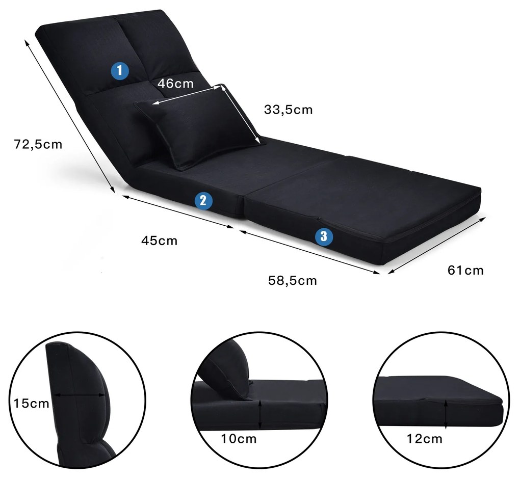 Sofá Dobrável de Cadeirinha de Luxo Ajustável em 6 Posições com Almofada Macia 176 x 64 x 15 cm  Preto