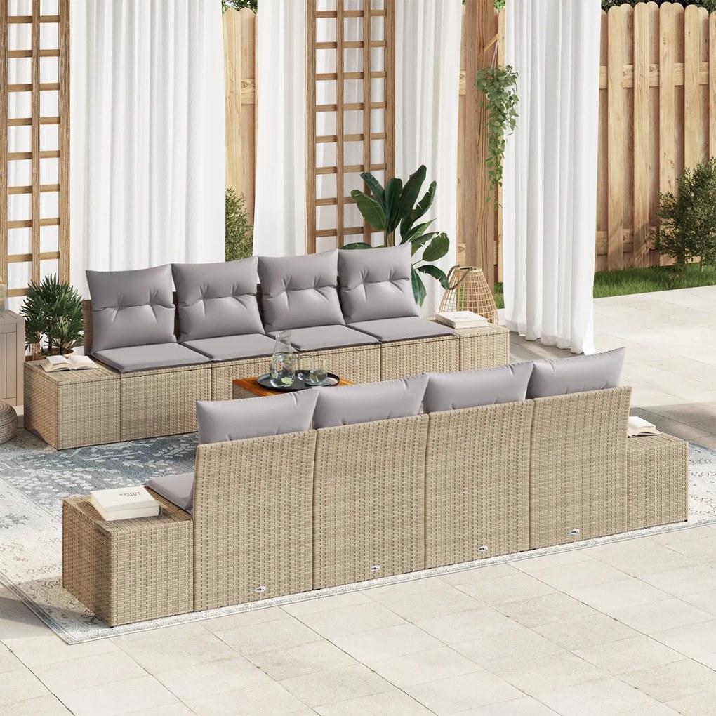 Conjunto de Sofá de Jardim de 7 Peças com Almofadas Bege Vime PE Acáci