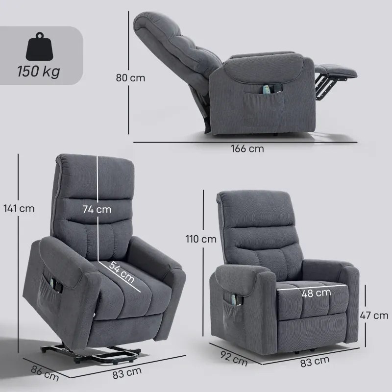 Poltrona Levanta Pessoas com Reclinação Elétrica em até 135° e com 8 Zonas de Massagem 83x92x110 cm Cinza