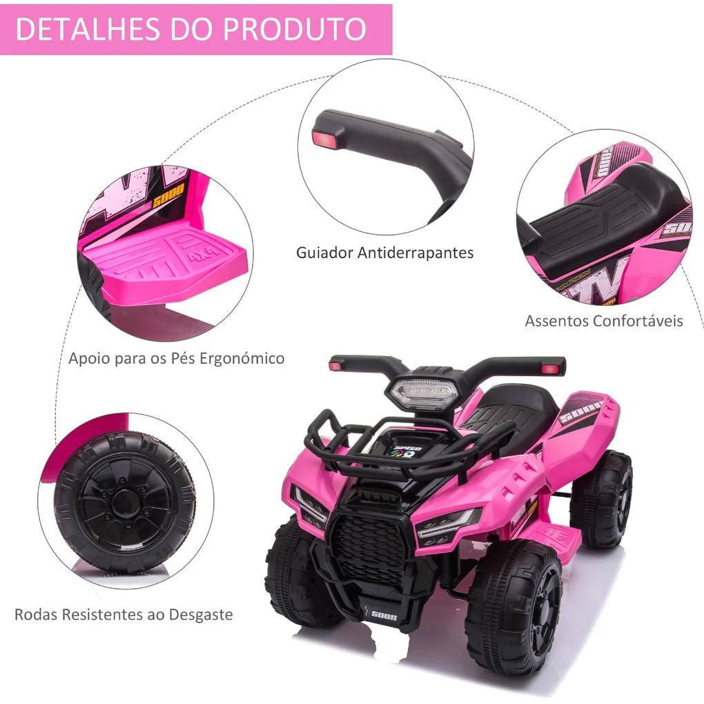 Quadriciclo Elétrico para Crianças de 18-36 Meses Veículo Elétrico a Bateria 6V Infantil com Faróis LED Velocidade 2km/h 66x44x42cm Rosa