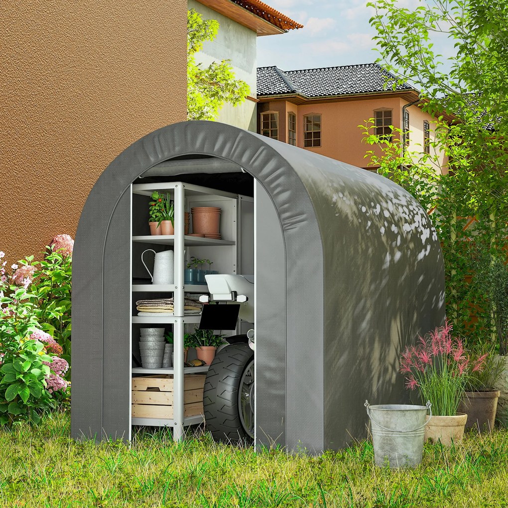 Abrigo de Jardim para Bicicletas com Estrutura em Aço, Porta com Fecho, Impermeável 2,4x1,6x1,9 m Cinzento Claro