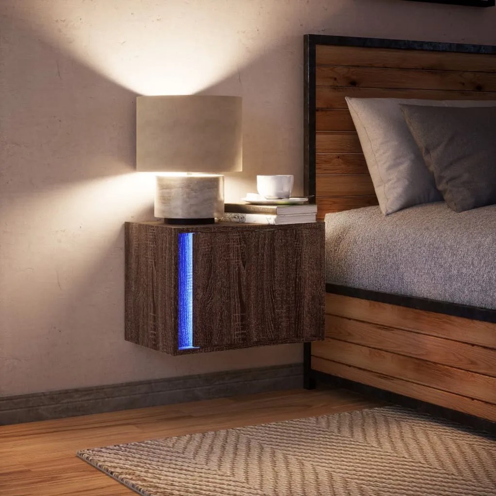 Mesa de cabeceira de parede com luzes LED carvalho castanho