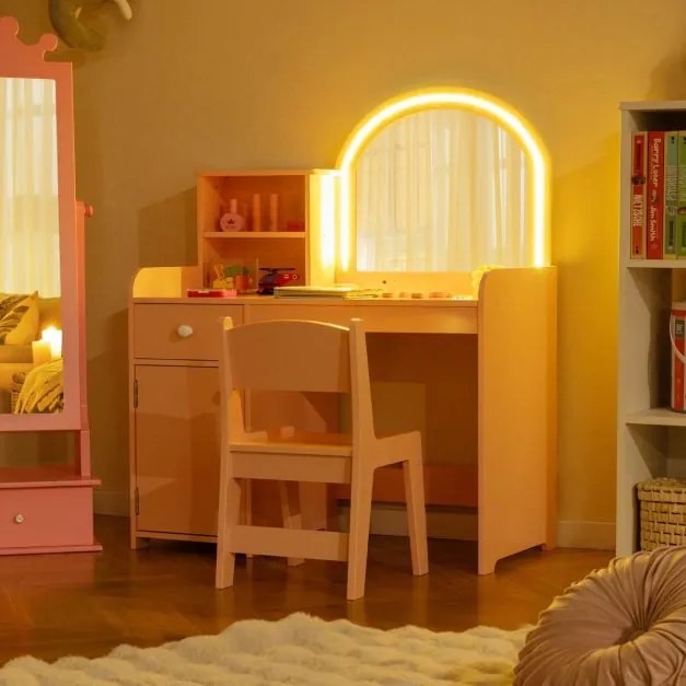 Conjunto de toucador e cadeira para crianças a partir dos 3 anos com prateleiras, gaveta, armário, luzes LED de 2 cores, espelho acrílico
