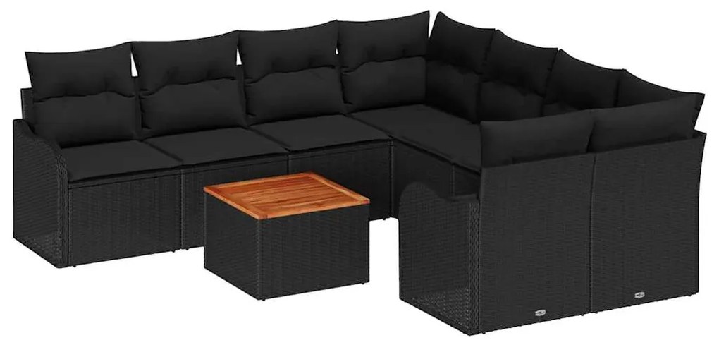 Conjunto de Sofás de Jardim 9 Peças com Almofadas de Rattan Poly Preto