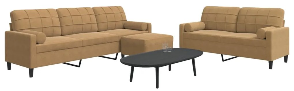 3 pcs conjunto de sofás com almofadões e rolos veludo castanho