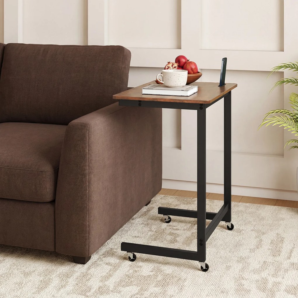 Mesa auxiliar em forma de C com rodas 60 x 39,5 x 66 cm, ranhura para telefone integrada, base baixa para poupar espaço, para sala e quarto, Castanho