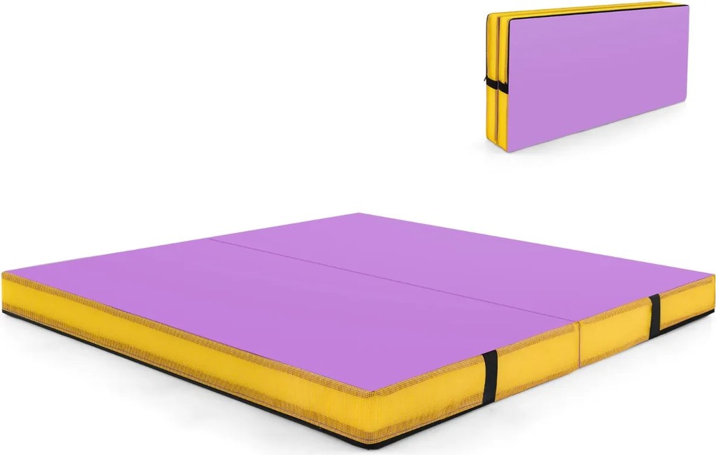 Colchão de ginástica dobrável 122 cm x 122 cm x 10 cm com capa de couro artificial e alças de transporte roxo