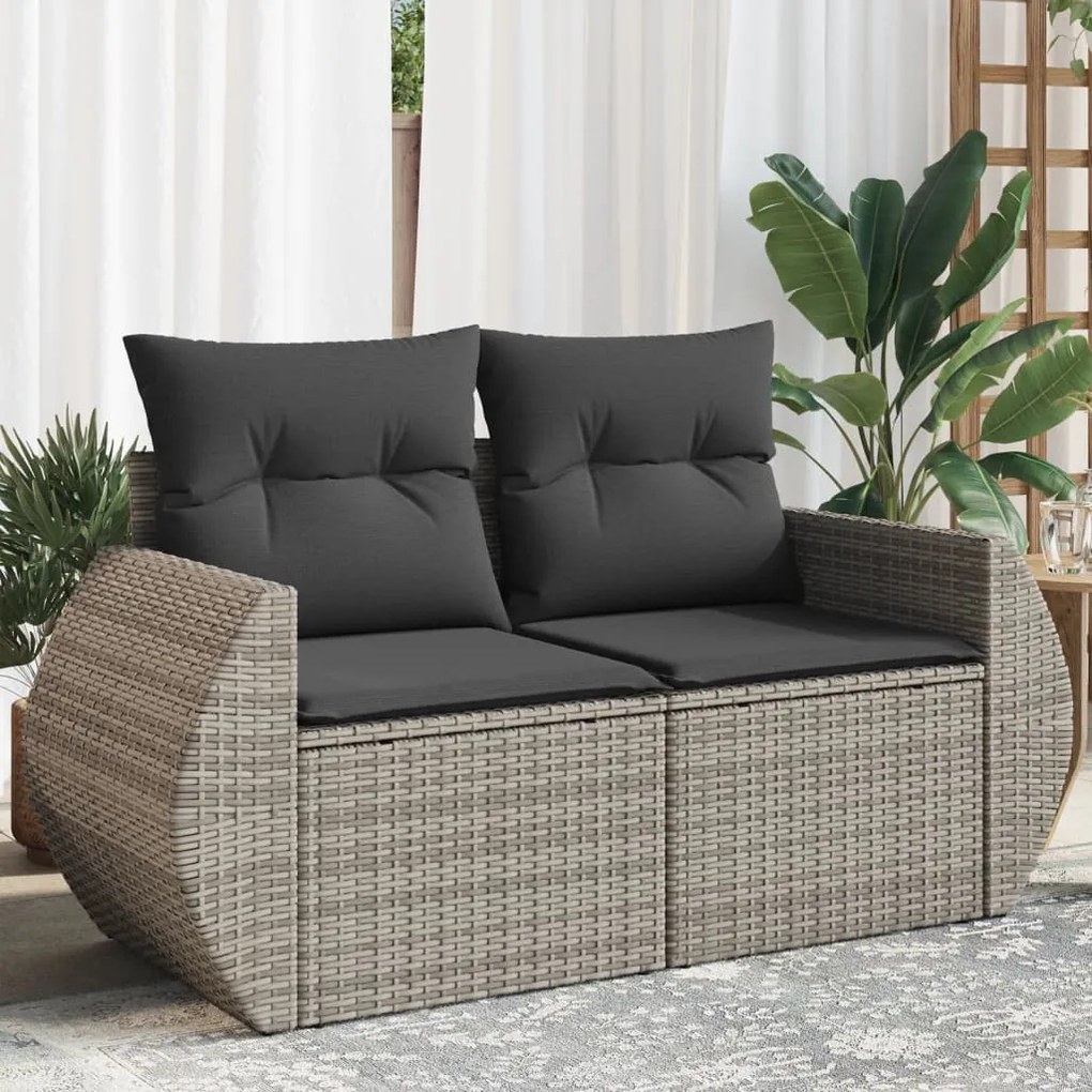 vidaXL Sofá de jardim de 2 lugares com almofadões vime PE cinzento