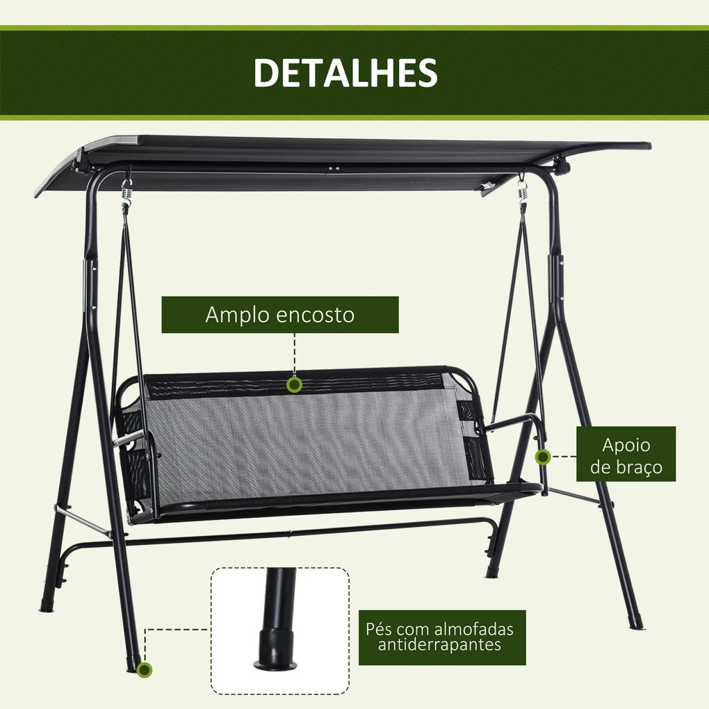 Baloiço de Jardim de 2 Lugares Baloiço com Teto Ajustável em Ângulo pa