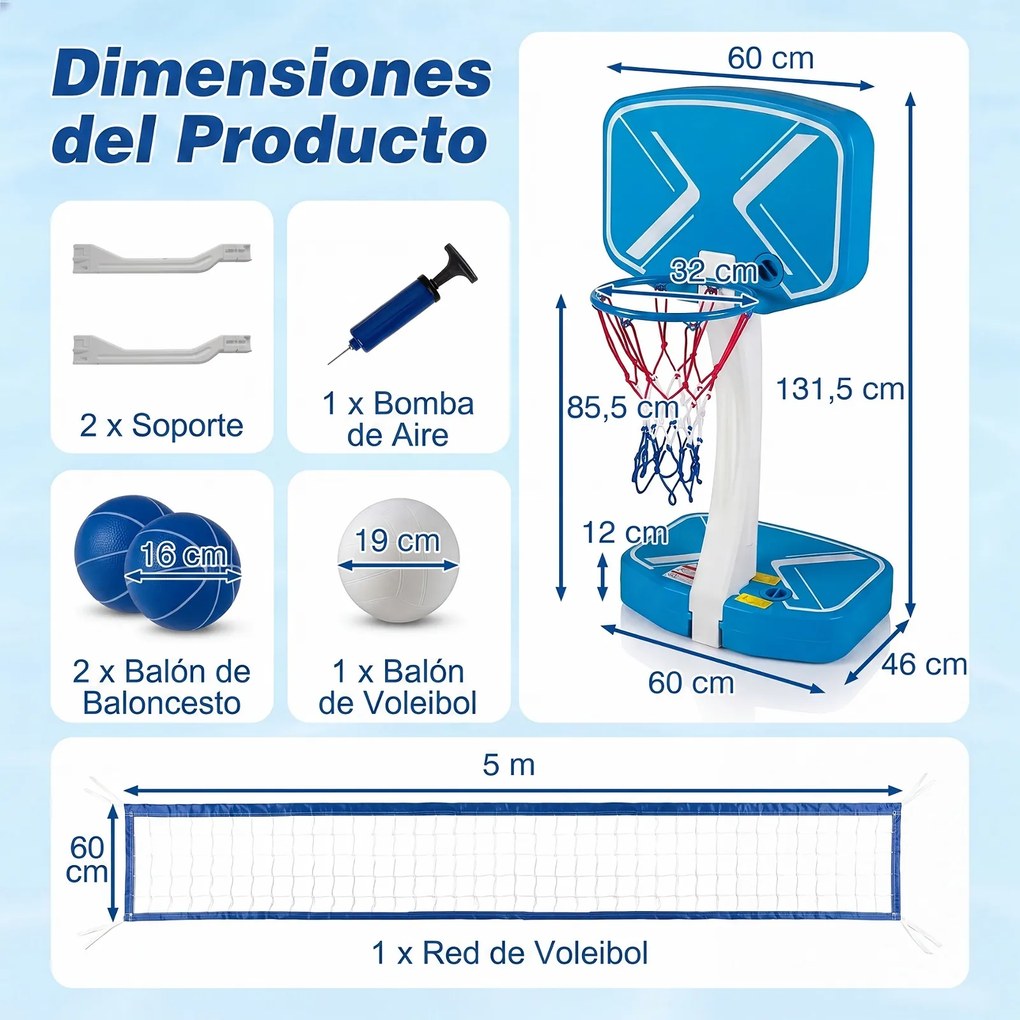 Conjunto de Basquetebol e Voleibol para Piscina, 60 x 46 x 131,5 cm, Base Enchível, Azul+Branco
