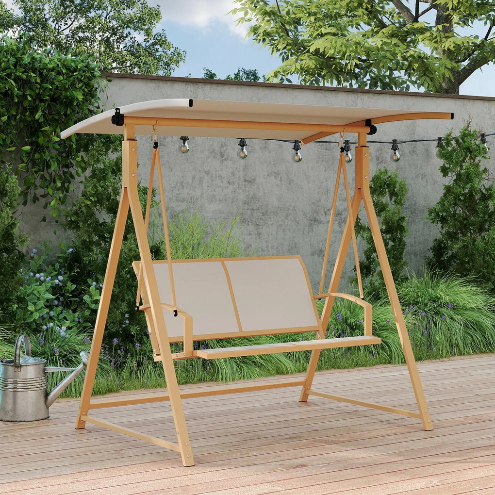 Baloiço de Jardim de 2 Lugares com Toldo Ajustável 90° Proteção UV 30+ e Estrutura Triangular 160x112x162 cm Caqui