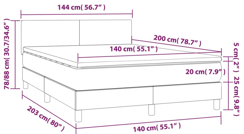 Cama box spring c/ colchão/LED 140x200cm veludo cinzento-escuro